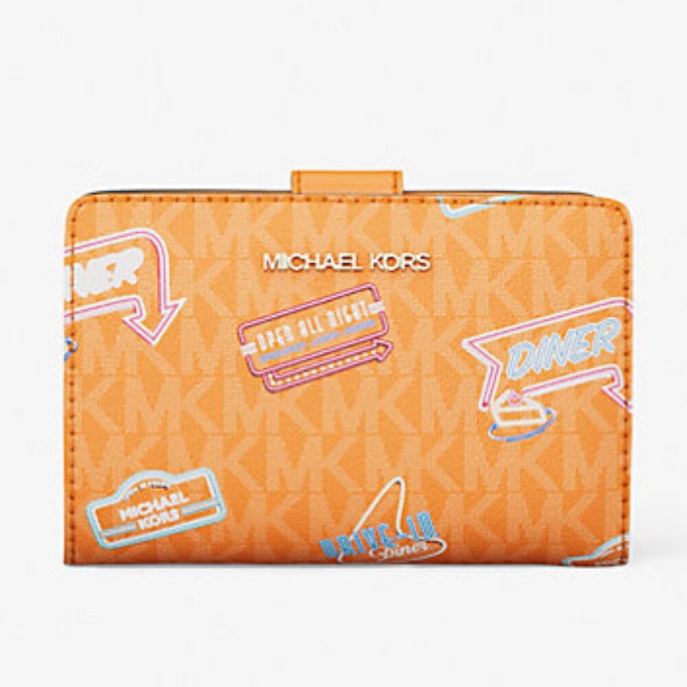 New Michael Kors Jet Set Printed Signature Logo Bi-Fold Medium Wallet Pop Orange